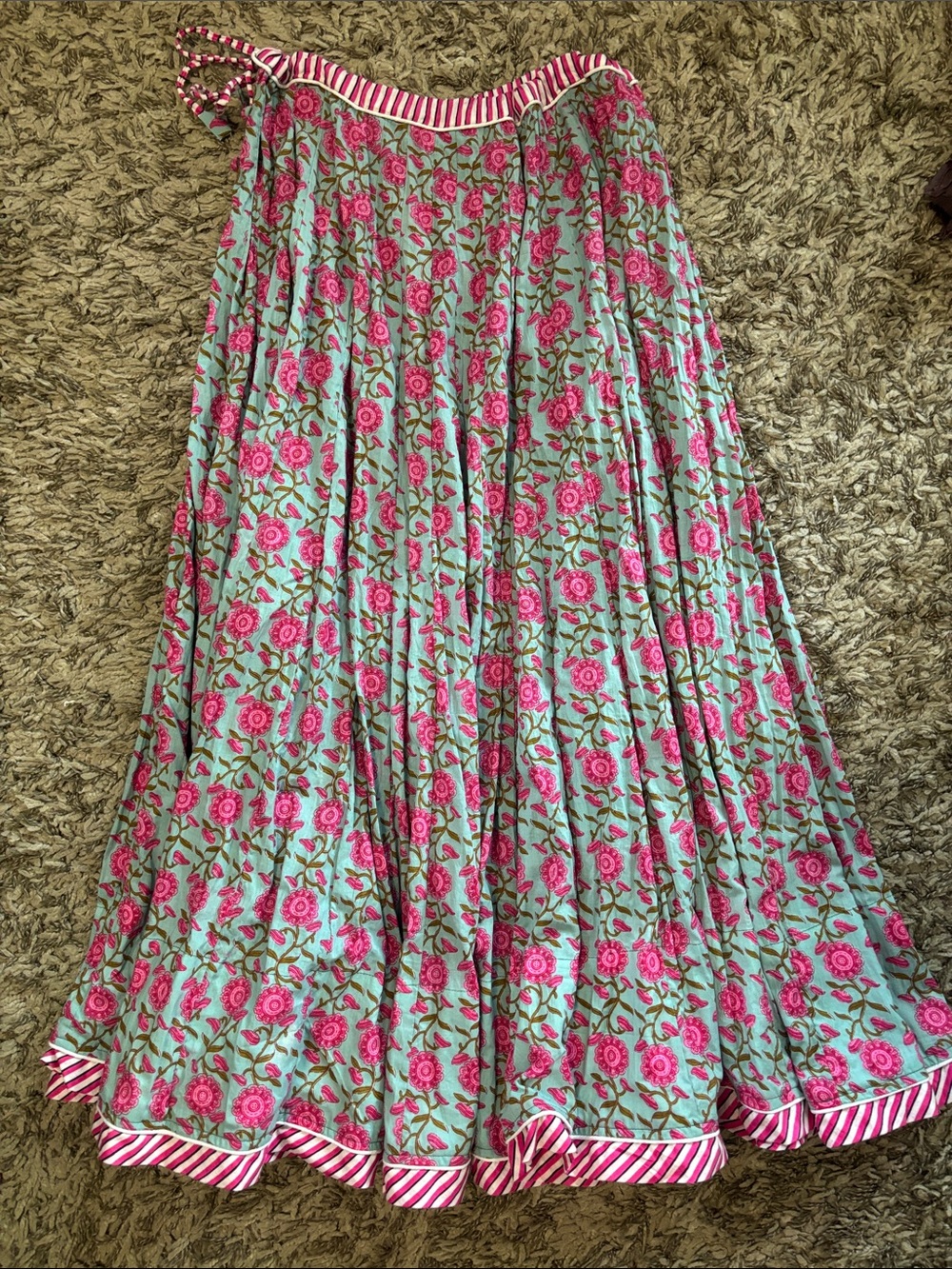 Laura Park Pink Floral Maxi Skirt in Mint with Striped Trim.